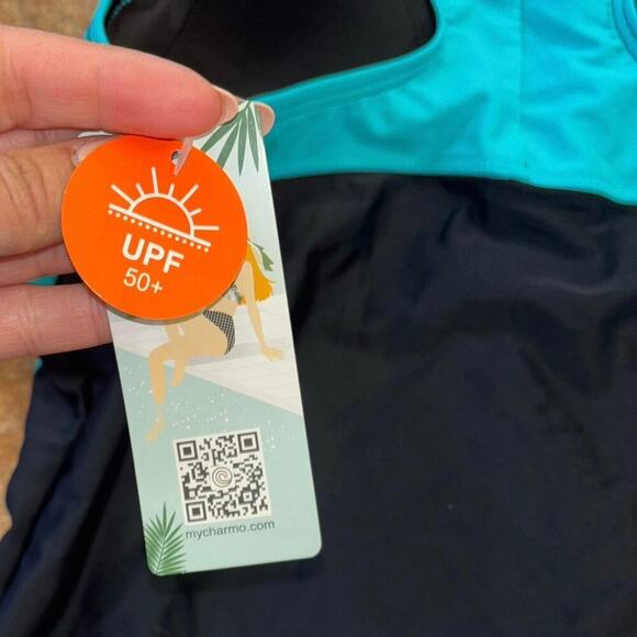 NWT My Charmo UPF 50 Conservative Black Blue Swimsuit Women’s L Beach Summer - Picture 11 of 13